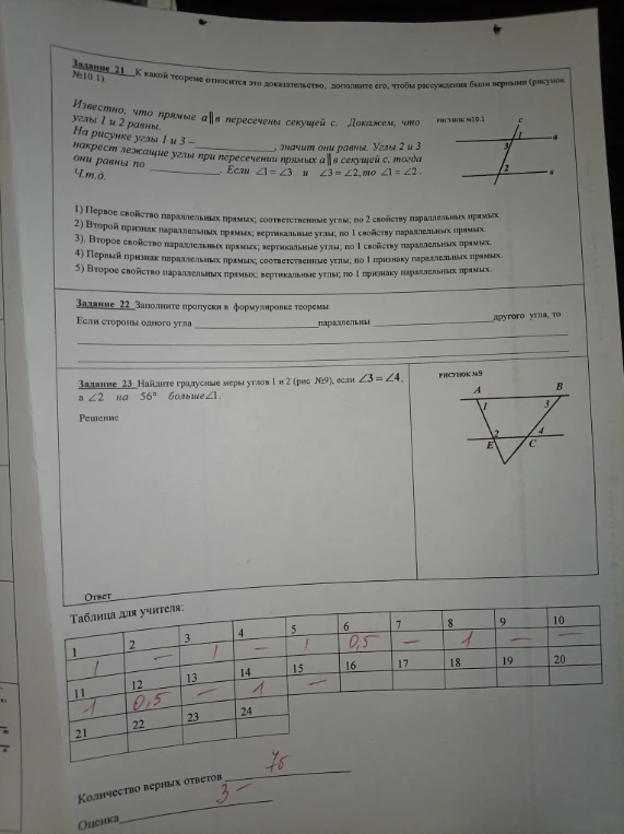 Задание 21. К какой теореме относится это доказательство, дополните его. Задание 22. Заполните пропуски в формулировке теоремы. Задание 23. Найдите градусные меры углов 1 и 2, если угол 3 равен углу 4, а угол 2 на 56 градусов больше угла 1.