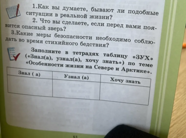 Как вы думаете, бывают ли подобные ситуации в реальной жизни? Что вы сделаете, если перед вами появится опасный зверь? Какие меры безопасности необходимо соблюдать во время стихийного бедствия? Заполните в тетрадях таблицу «ЗУХ» («Знал(а), узнал(а), хочу знать») по теме «Особенности жизни на Севере и Арктике».