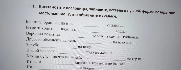 Восстановите пословицы, запишите, вставив в нужной форме возвратное местоимение. Устно объясните их смысл.