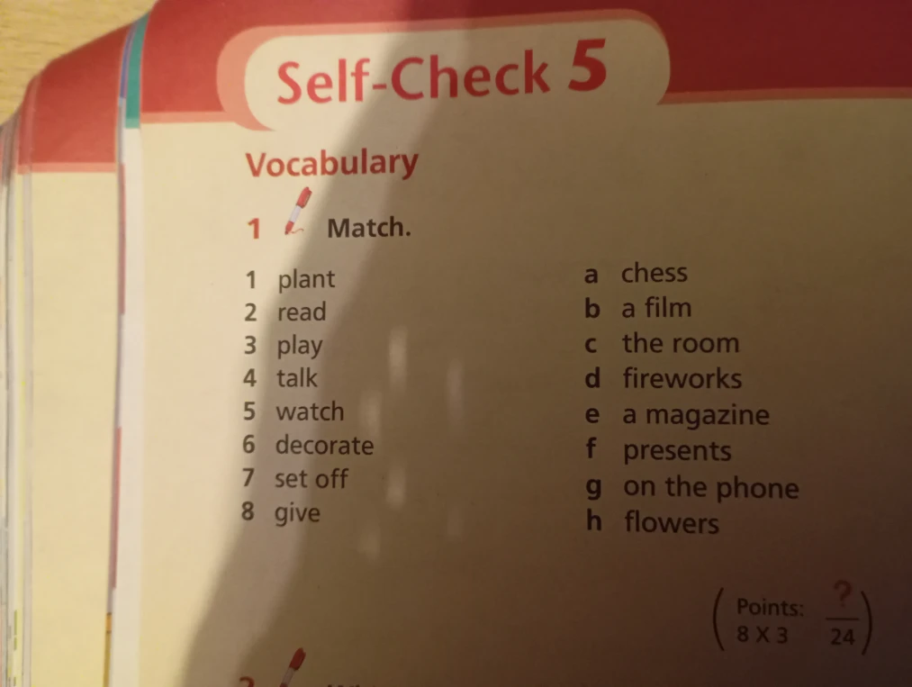 Match: plant, read, play, talk, watch, decorate, set off, give with chess, a film, the room, fireworks, a magazine, presents, on the phone, flowers.