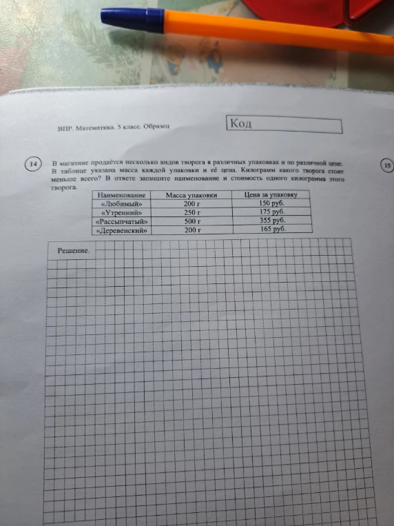 В магазине продается несколько видов творога в различных упаковках и по различной цене. В таблице указана масса каждой упаковки и её цена. Килограмм какого творога стоит меньше всего? В ответе запишите наименование и стоимость одного килограмма этого творога.