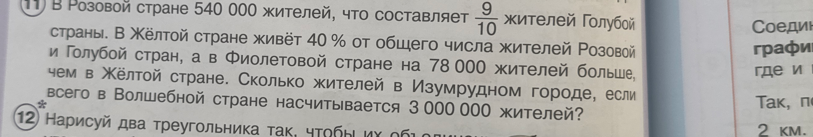 В Розовой стране 540 000 жителей, что составляет 9/10 жителей Голубой страны. В Жёлтой стране живёт 40 % от общего числа жителей Розовой и Голубой стран, а в Фиолетовой стране на 78 000 жителей больше, чем в Жёлтой стране. Сколько жителей всего в Изумрудном городе, если в Волшебной стране насчитывается 3 000 000 жителей?