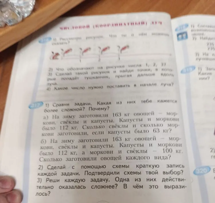 316) Рассмотри рисунок. Что ты о нём можешь сказать? 317) Сравни задачи. Какая из них тебе кажется более сложной? Почему?