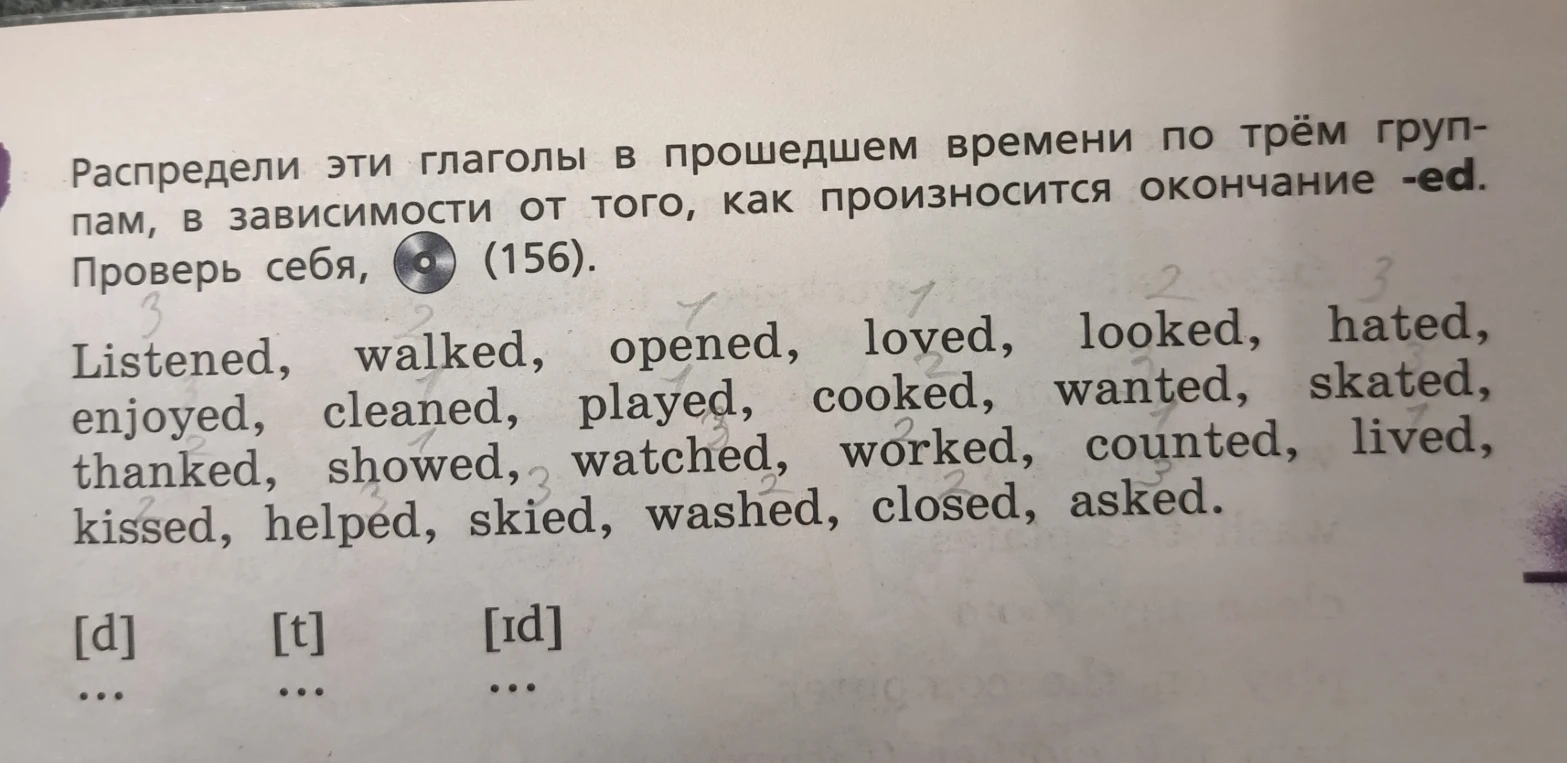 Распредели эти глаголы в прошедшем времени по трём группам, в зависимости от того, как произносится окончание -ed.
