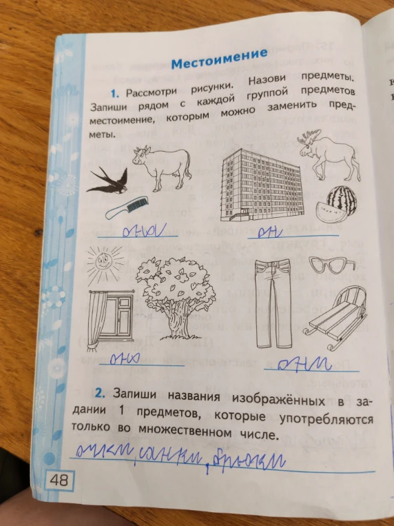 1. Рассмотри рисунки. Назови предметы. Запиши рядом с каждой группой предметов местоимение, которым можно заменить предметы.