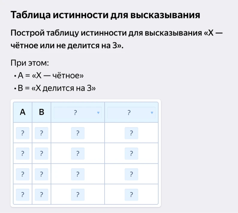 Построй таблицу истинности для высказывания «X — чётное или не делится на 3».
