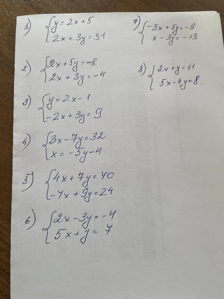 1) {y=2x+5, 2x+3y=31}
