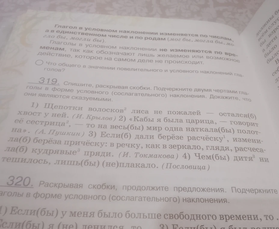 319. Спишите, раскрывая скобки. Подчеркните двумя чертами глаголы в форме условного (сослагательного) наклонения. Докажите, что они являются сказуемыми.