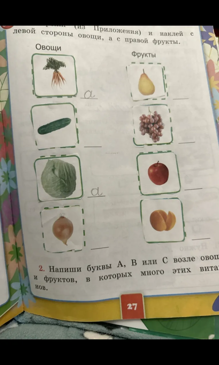 Напиши буквы А, В или С возле овощей и фруктов, в которых много этих витаминов.