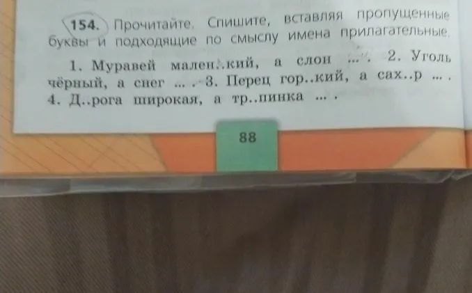 154. Прочитайте. Спишите, вставляя пропущенные буквы и подходящие по смыслу имена прилагательные.