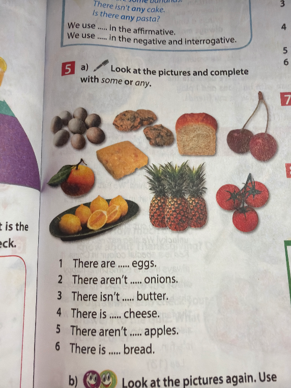 Look at the pictures and complete with some or any.