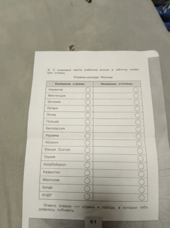 2. С помощью карты учебника впиши в таблицу названия столиц.