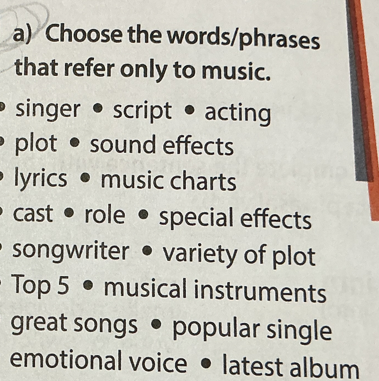 a) Choose the words/phrases that refer only to music.
