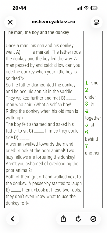 The man, the boy and the donkey. Once a man, his son and his donkey went A) ____ a market.