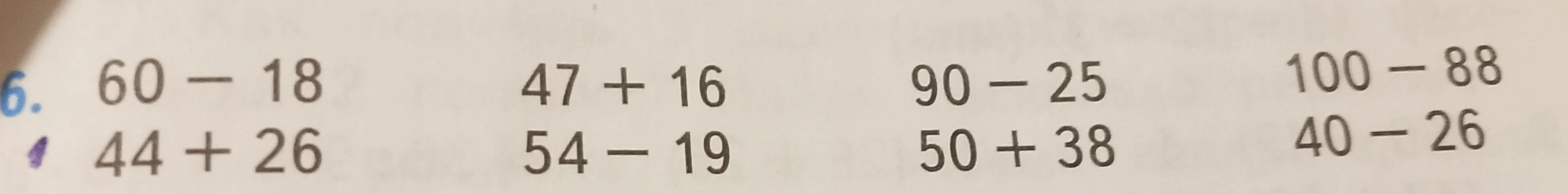 60 - 18, 47 + 16, 90 - 25, 100 - 88, 44 + 26, 54 - 19, 50 + 38, 40 - 26
