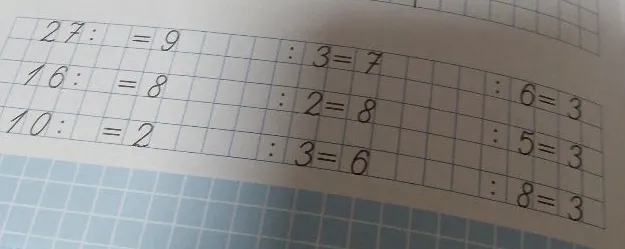 27 : = 9, 16 : = 8, 10 : = 2, : 3 = 7, : 2 = 8, : 3 = 6, : 6 = 3, : 5 = 3, : 8 = 3