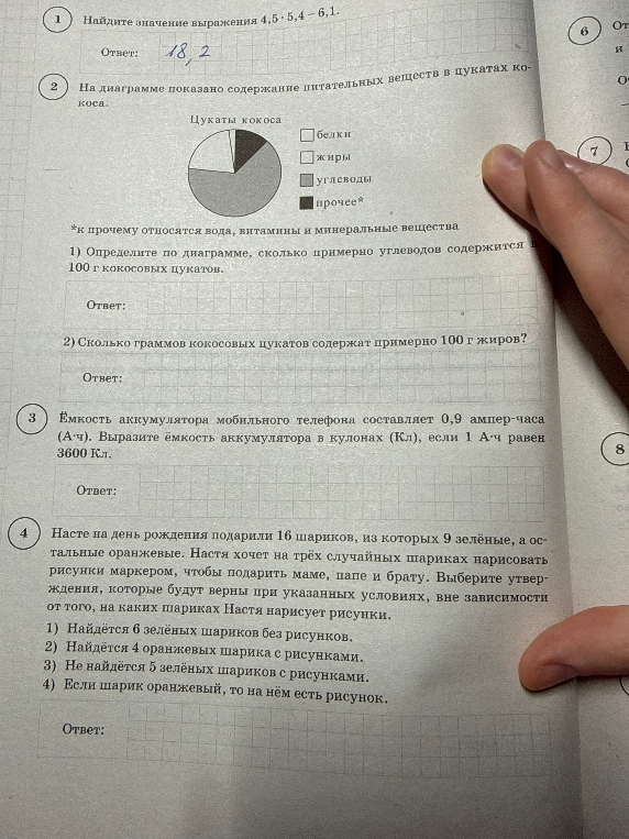 На диаграмме показано содержание питательных веществ в цукатах кокоса.