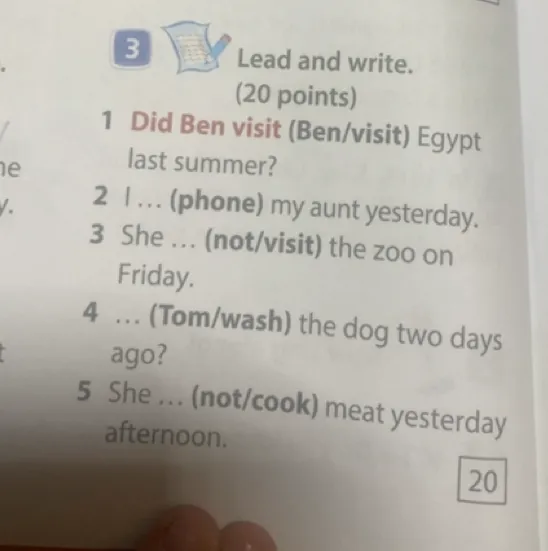 Read and write. (20 points) 1 Did Ben visit (Ben/visit) Egypt last summer? 2 I ... (phone) my aunt yesterday. 3 She ... (not/visit) the zoo on Friday. 4 ... (Tom/wash) the dog two days ago? 5 She ... (not/cook) meat yesterday afternoon.
