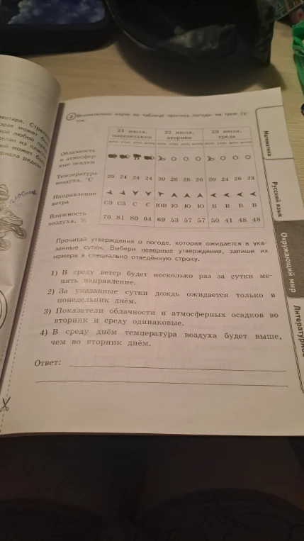 Внимательно изучи по таблице прогноз погоды на трое суток.