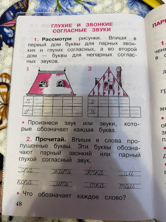 1. Рассмотри рисунки. Впиши в первый дом буквы для парных звонких и глухих согласных, а во второй дом — буквы для непарных согласных звуков.
