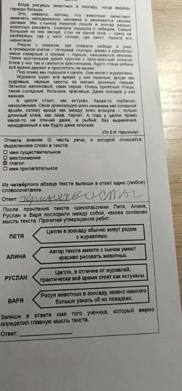После прочтения текста одноклассники Петя, Алина, Руслан и Варя поспорили между собой, какова основная мысль текста.