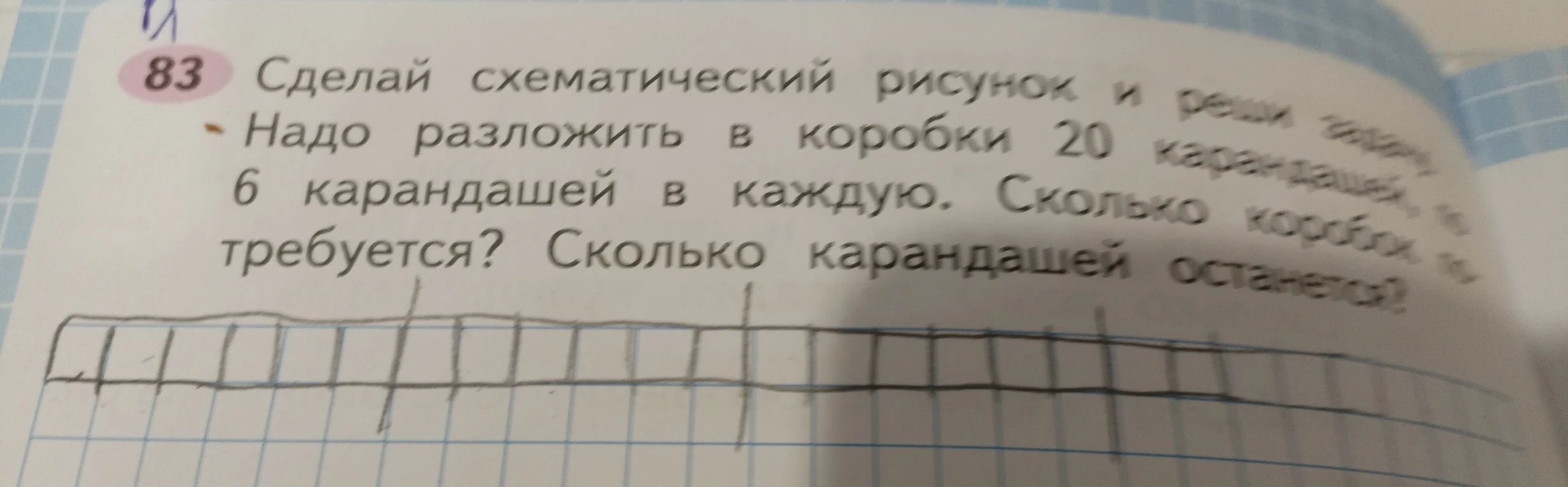 Надо разложить в коробки 20 карандашей, по 6 карандашей в каждую. Сколько коробок требуется? Сколько карандашей останется?