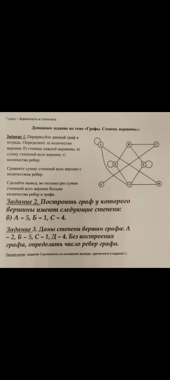 Задание 1. Перерисуйте данный граф в тетрадь. Определите: а) количество вершин; б) степень каждой вершины; в) сумму степеней всех вершин; г) количество ребер.