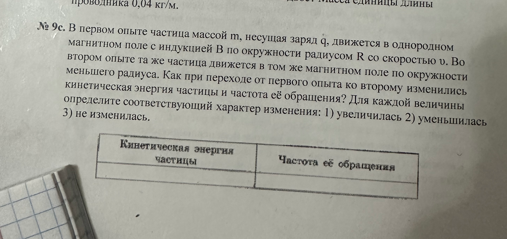 № 9с. В первом опыте частица массой m, несущая заряд q, движется в однородном магнитном поле с индукцией B по окружности радиусом R со скоростью v.