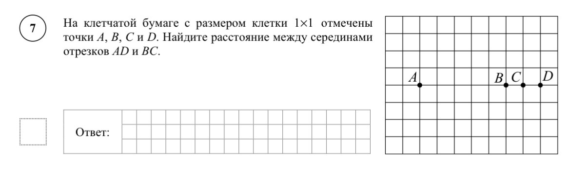 На клетчатой бумаге с размером клетки 1×1 отмечены точки A, B, C и D. Найдите расстояние между серединами отрезков AD и BC.