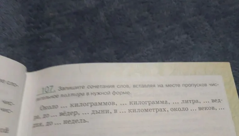 107. Запишите сочетания слов, вставляя на месте пропусков числительное полтора в нужной форме.