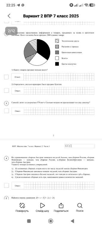 На диаграмме представлена информация о товарах, проданных за месяц в цветочном магазине. Всего за месяц было продано 2000 единиц товара.