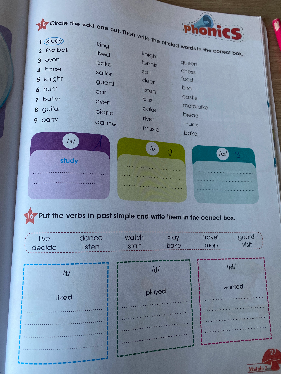 Circle the odd one out. Then write the circled words in the correct box.