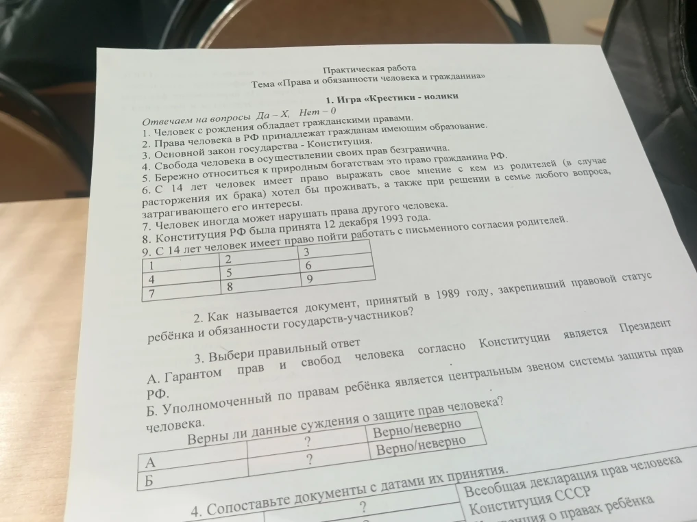 Практическая работа. Тема «Права и обязанности человека и гражданина» 1. Игра «Крестики - нолики»