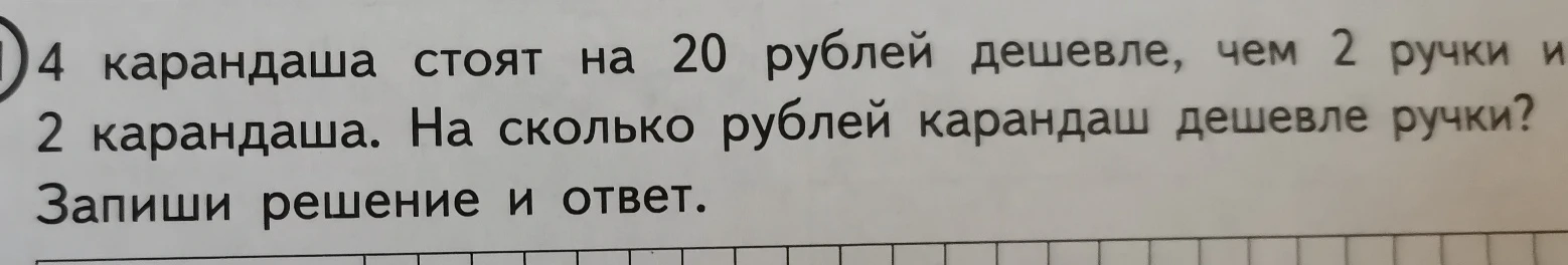 4 карандаша стоят на 20 рублей дешевле, чем 2 ручки и 2 карандаша. На сколько рублей карандаш дешевле ручки?