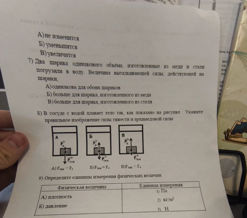 7) Два шарика одинакового объёма, изготовленные из меди и стали погрузили в воду.