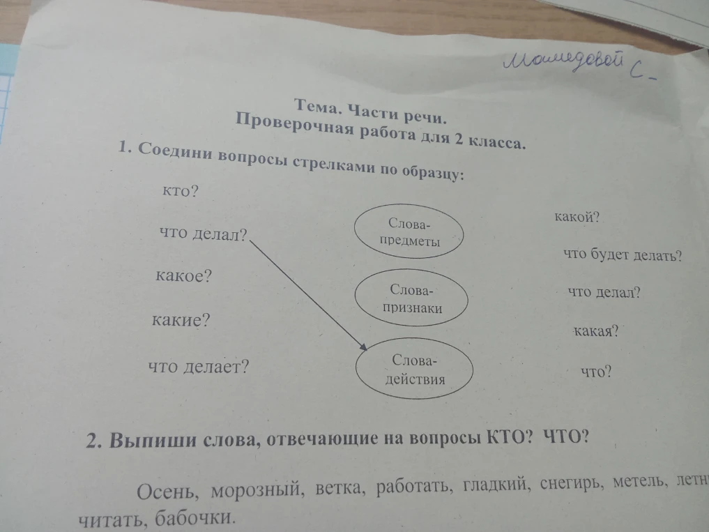 Тема. Части речи. Проверочная работа для 2 класса. 1. Соедини вопросы стрелками по образцу: кто? что делал? какое? какие? что делает?