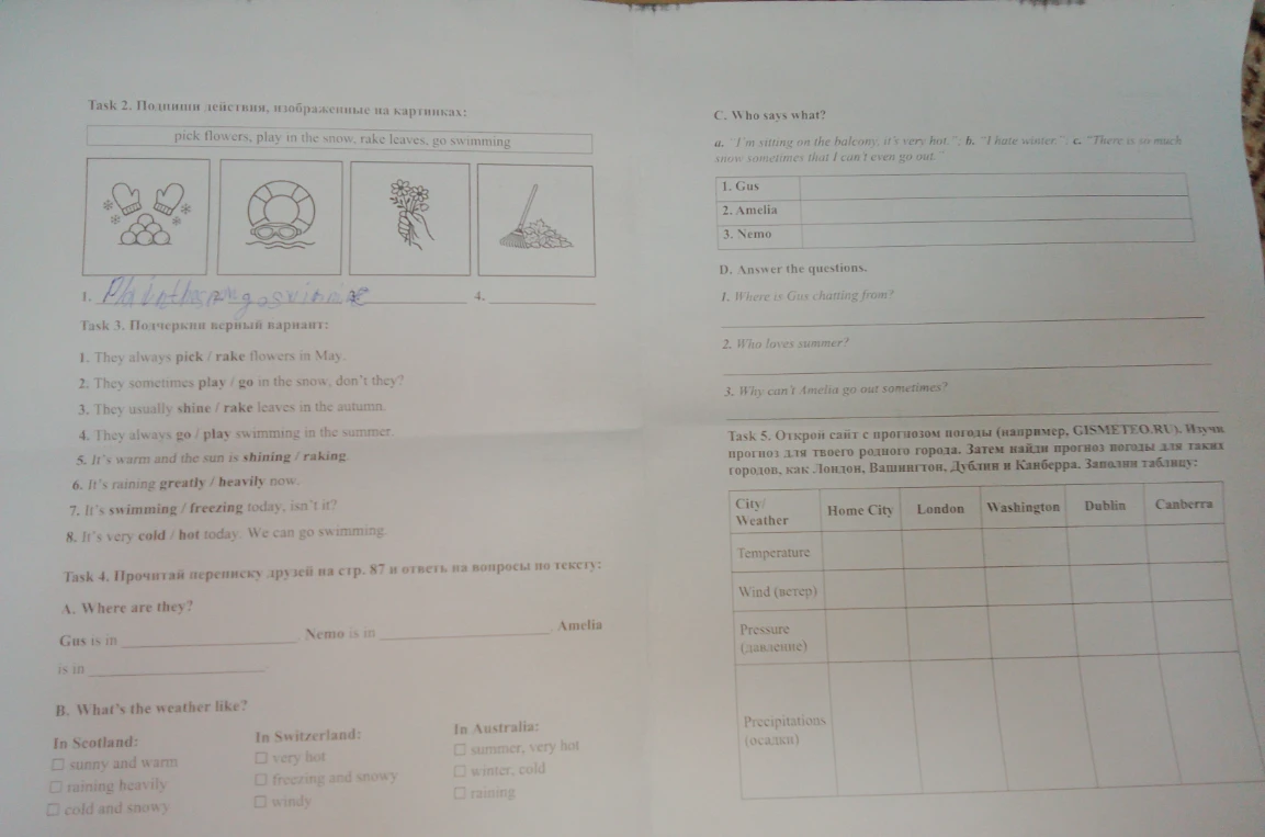Task 2. Подпиши действия, изображенные на картинках: