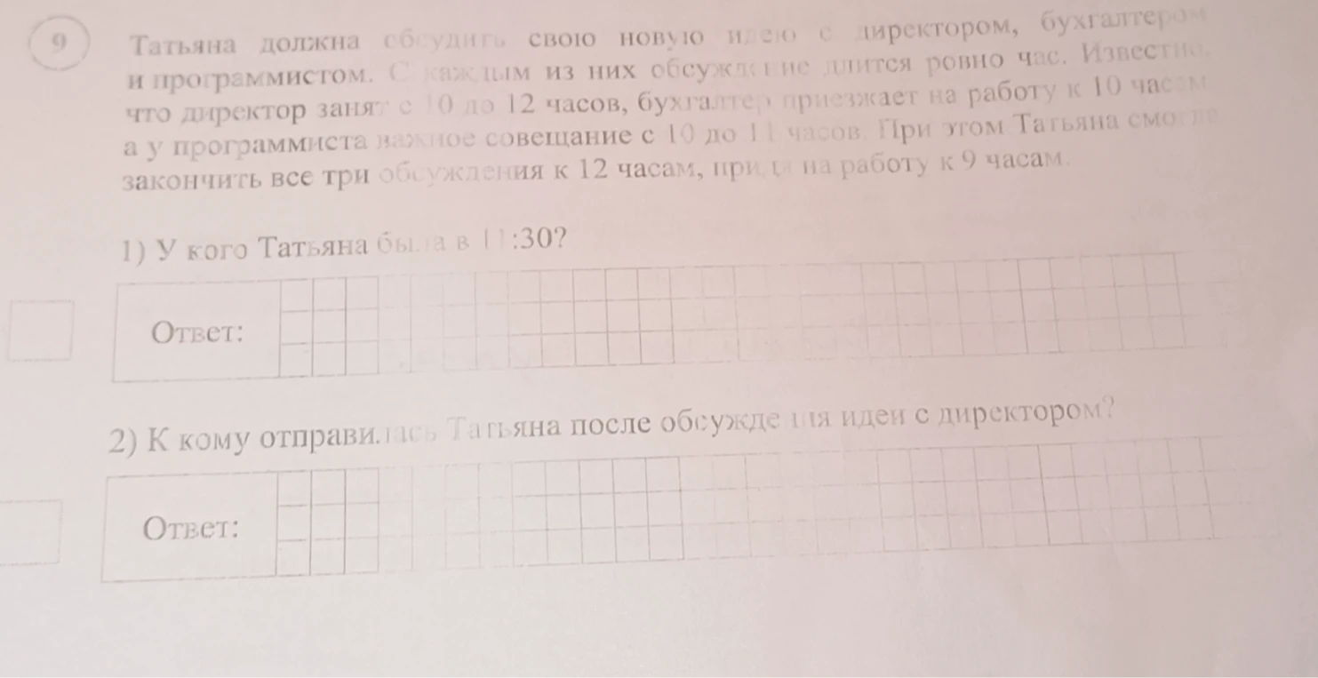 Татьяна должна обсудить свою новую идею с директором, бухгалтером и программистом. С каждым из них обсуждение длится ровно час.