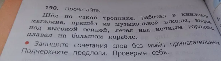 190. Прочитайте. Шёл по узкой тропинке, работал в книжном магазине, пришёл из музыкальной школы, вырос под высокой осиной, летел над ночным городом, плавал на большом корабле.