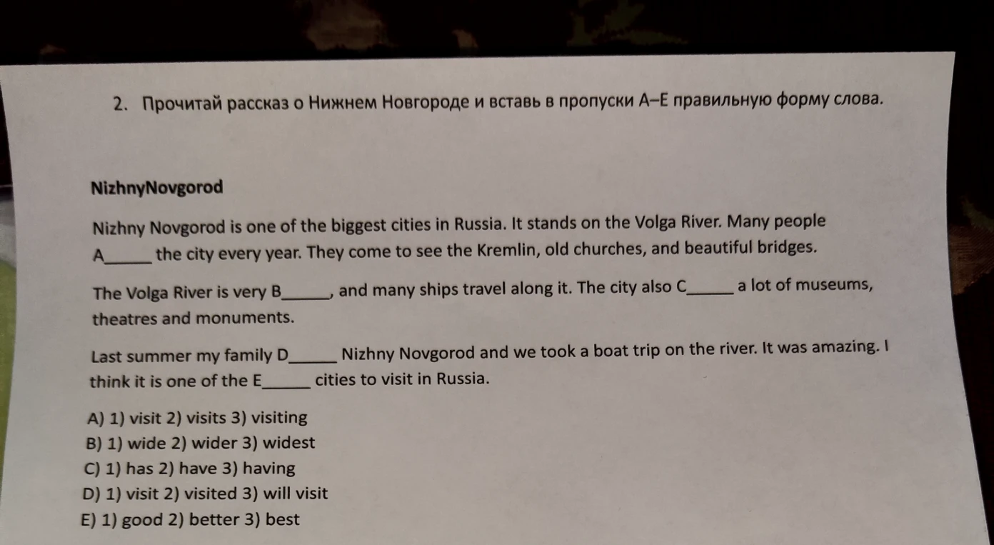 Прочитай рассказ о Нижнем Новгороде и вставь в пропуски А–Е правильную форму слова.
