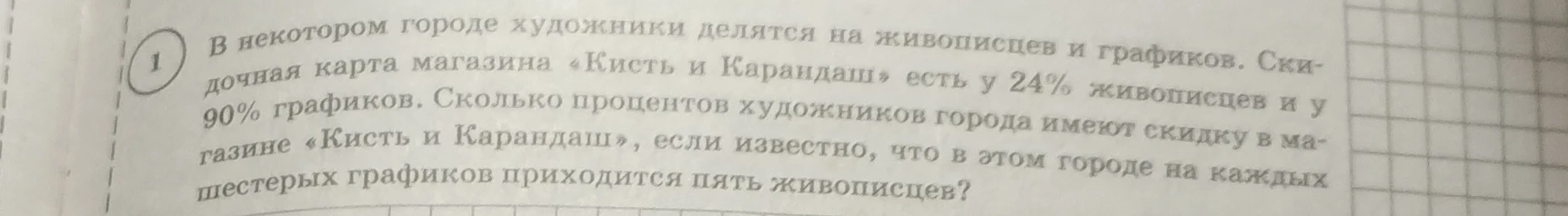 В некотором городе художники делятся на живописцев и графиков. Скидочная карта магазина «Кисть и Карандаш» есть у 24% живописцев и у 90% графиков. Сколько процентов художников города имеют скидку в магазине «Кисть и Карандаш», если известно, что в этом городе на каждых шестерых графиков приходится пять живописцев?