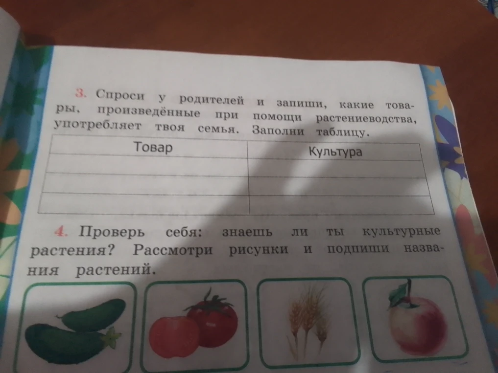 3. Спроси у родителей и запиши, какие товары, произведённые при помощи растениеводства, употребляет твоя семья. Заполни таблицу.
