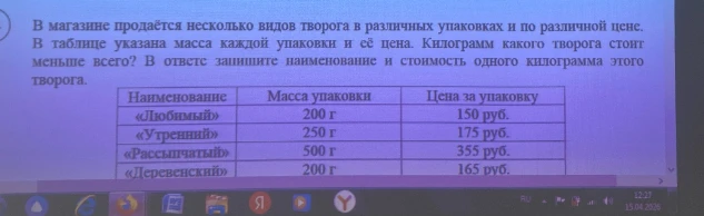 В магазине продаётся несколько видов творога в различных упаковках и по различной цене. В таблице указана масса каждой упаковки и её цена. Килограмм какого творога стоит меньше всего? В ответе запишите наименование и стоимость одного килограмма этого творога.