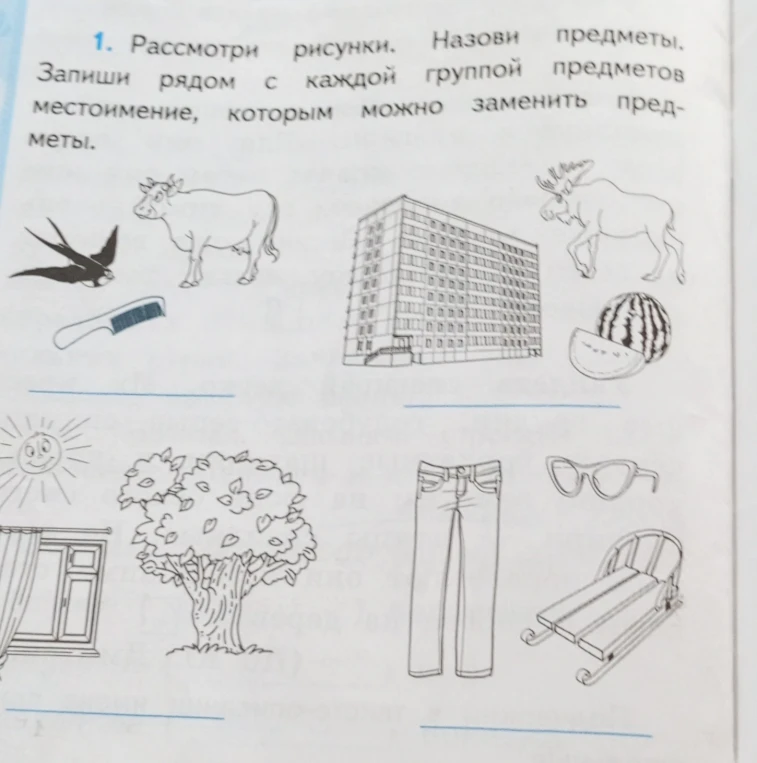 1. Рассмотри рисунки. Назови предметы. Запиши рядом с каждой группой предметов местоимение, которым можно заменить предметы.