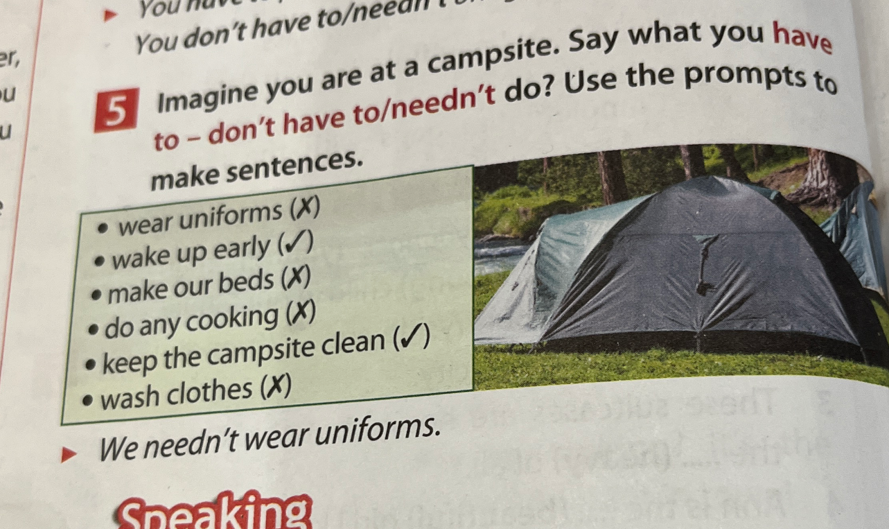 Imagine you are at a campsite. Say what you have to/don't have to/needn't do? Use the prompts to make sentences.