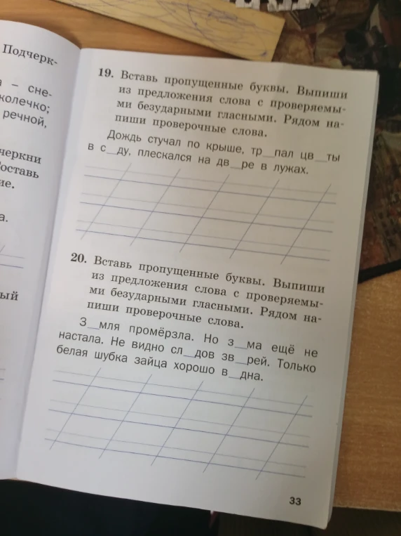 19. Вставь пропущенные буквы. Выпиши из предложения слова с проверяемыми безударными гласными. Рядом напиши проверочные слова.