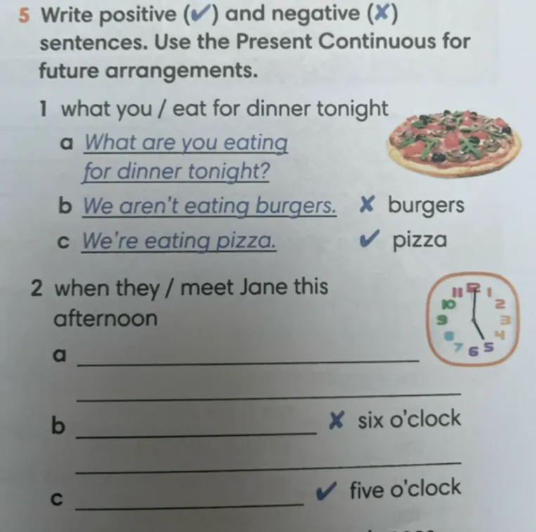 Write positive (✔) and negative (✘) sentences. Use the Present Continuous for future arrangements.
