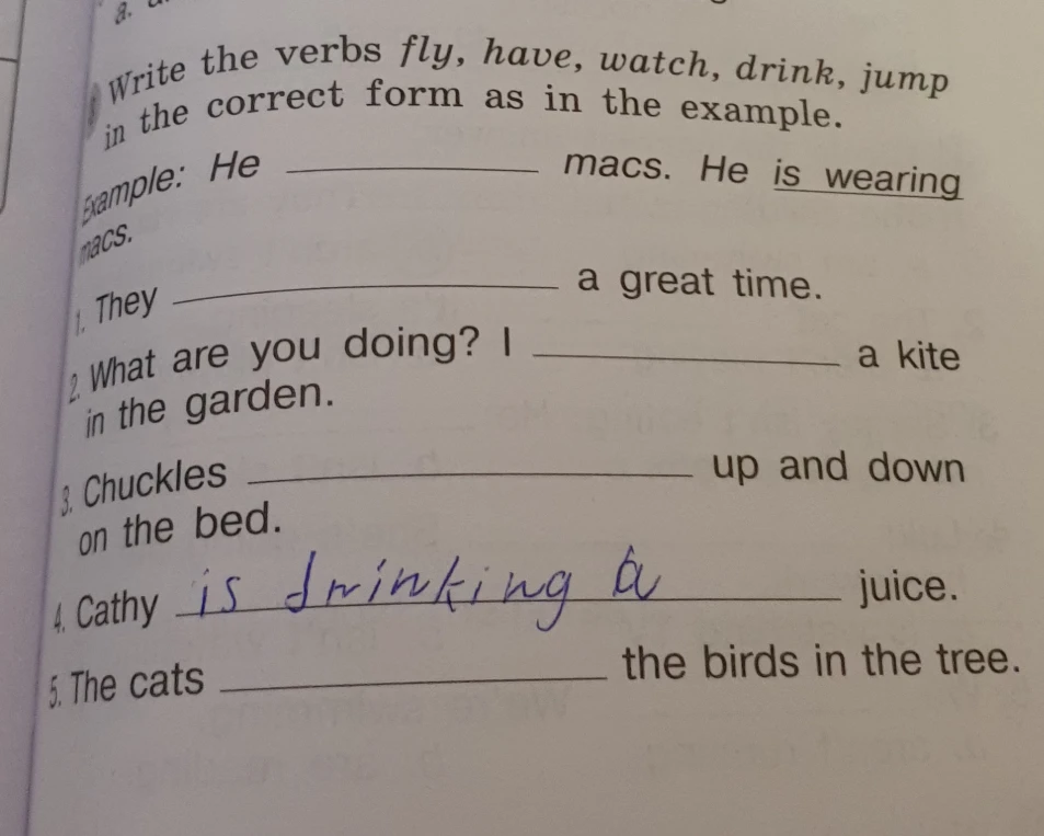 Write the verbs fly, have, watch, drink, jump in the correct form as in the example.