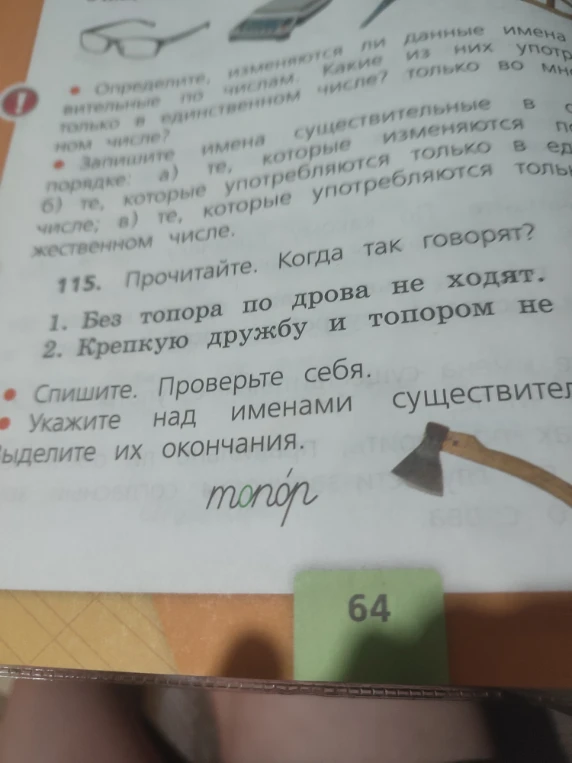 115. Прочитайте. Когда так говорят? 1. Без топора по дрова не ходят. 2. Крепкую дружбу и топором не разрубишь. Спишите. Проверьте себя. Укажите над именами существительными. Выделите их окончания.