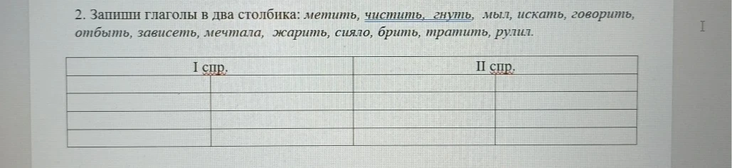 2. Запиши глаголы в два столбика: метить, чистить, гнуть, мыл, искать, говорить, отбыть, зависеть, мечтала, жарить, сияло, брить, тратить, рулил.